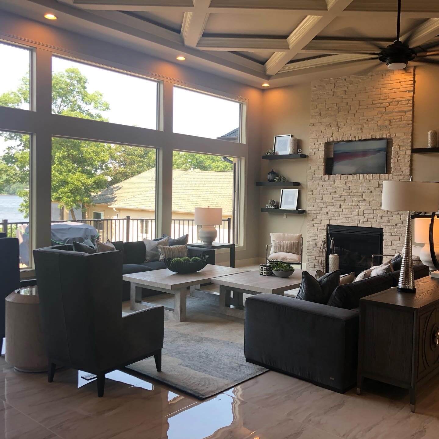 Transitional Lake House Living Room