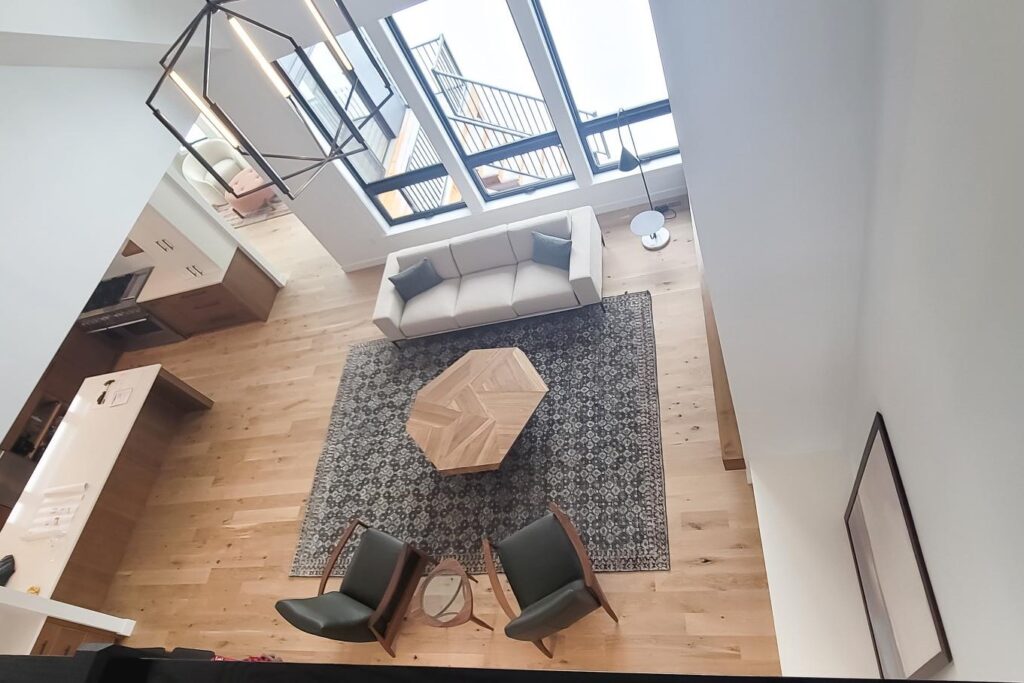 Minimal Mid-Century Balcony Overlooking Living Room