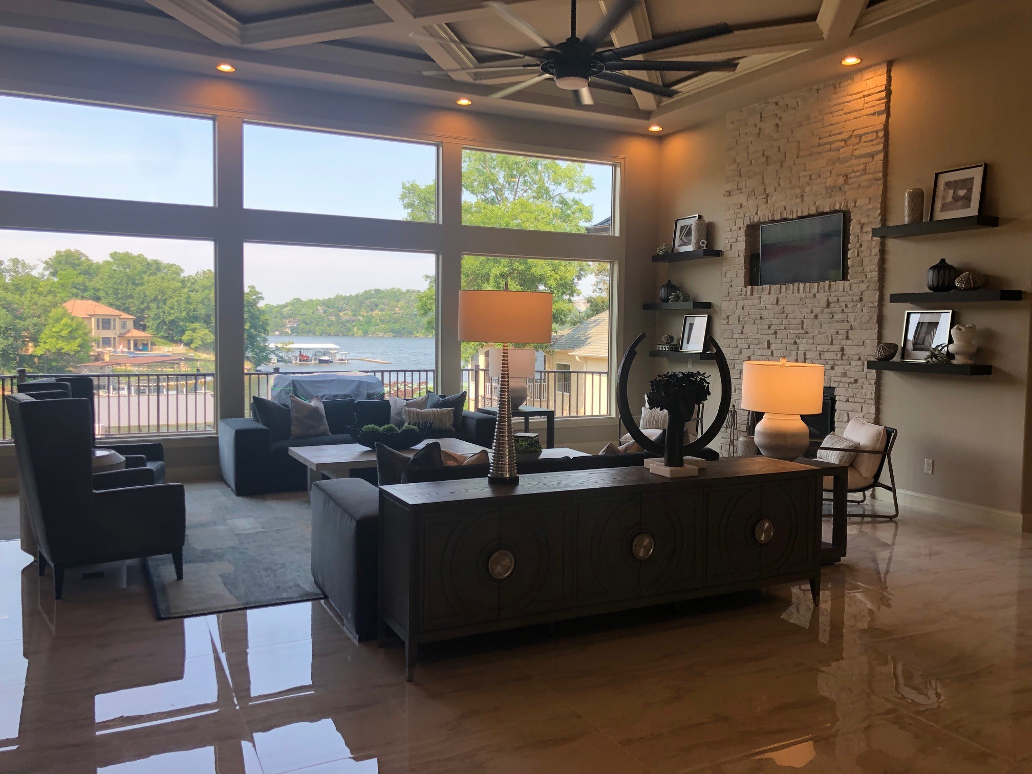 Transitional Lake House Living Room Window