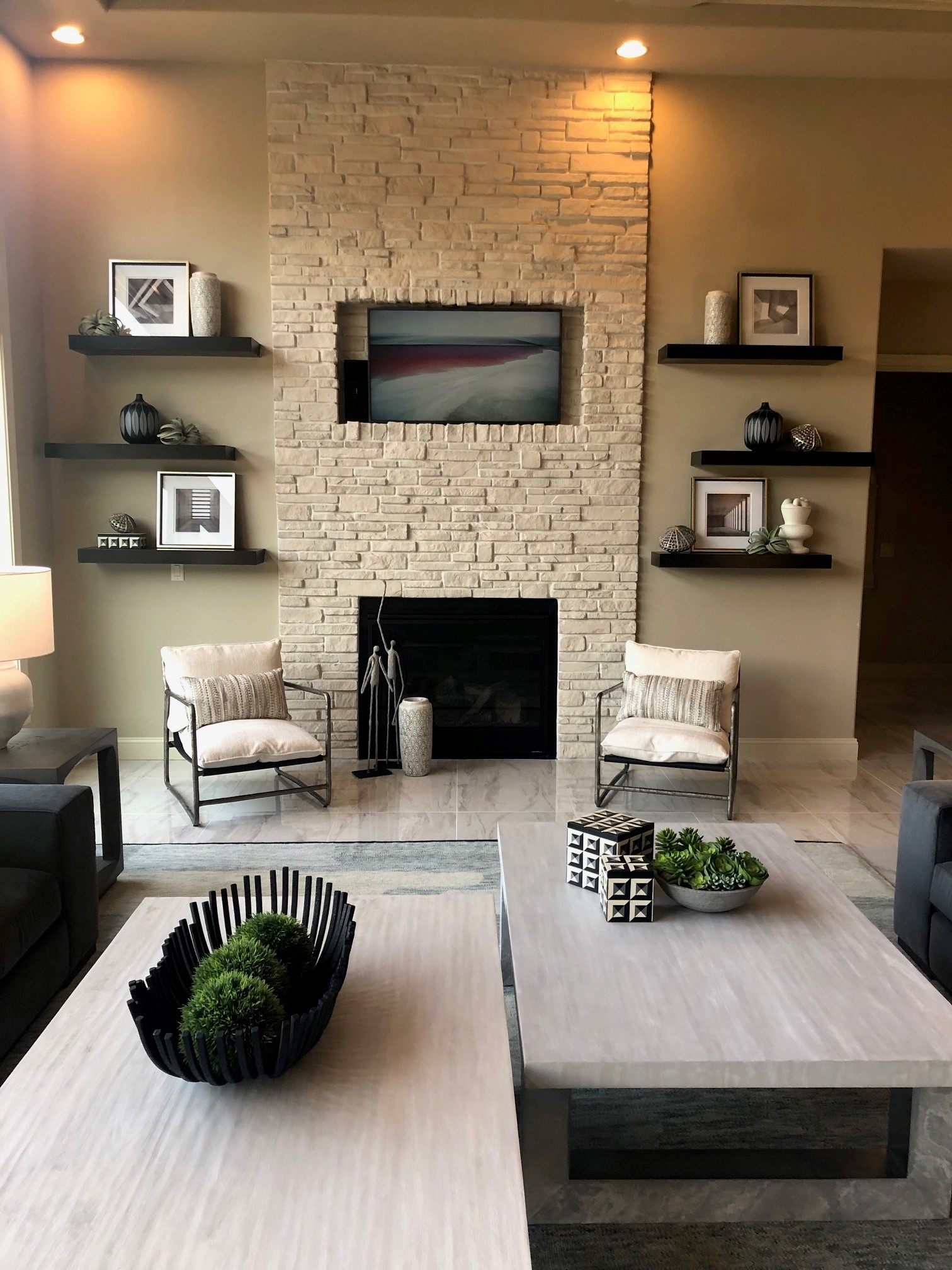 Transitional Lake House Living Room