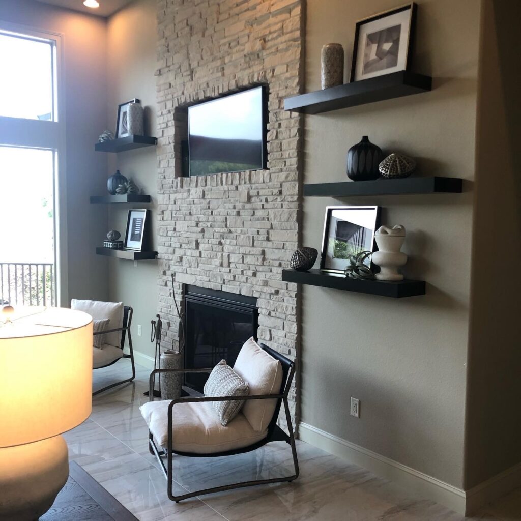 Transitional Lake House Fireplace and Shelves