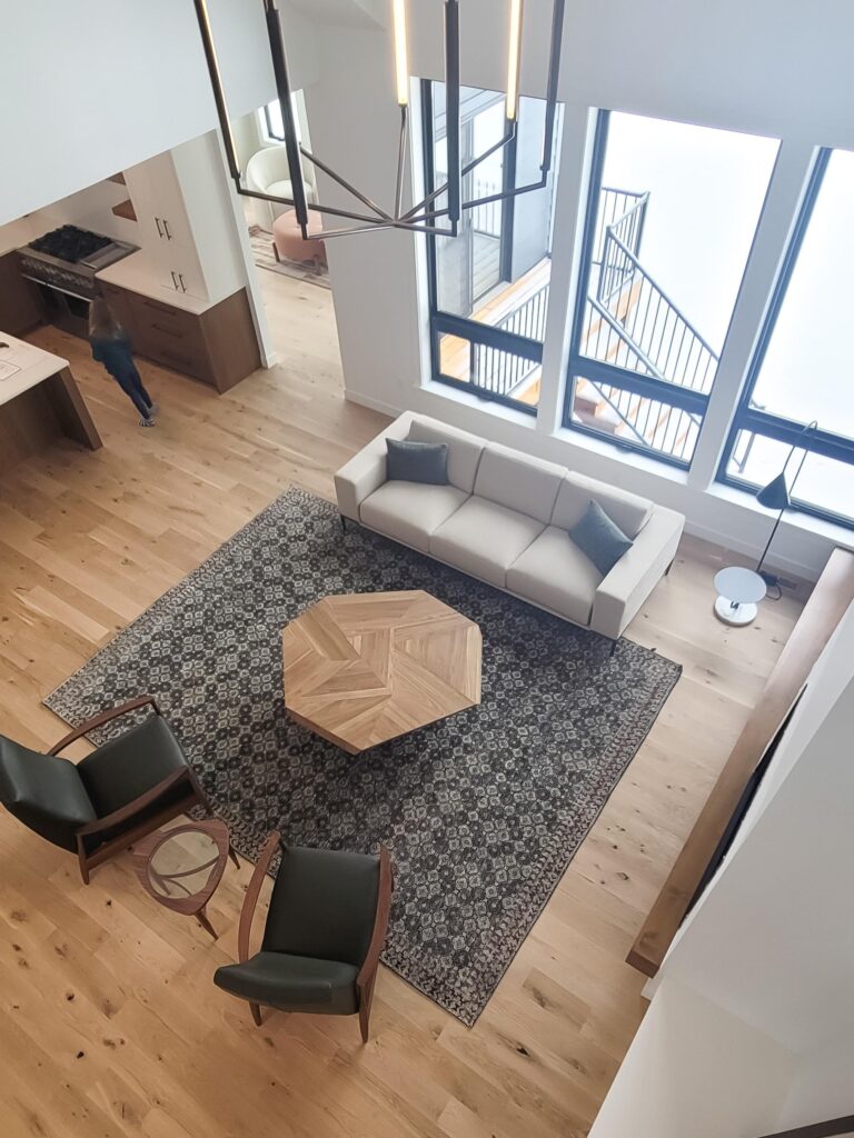 Minimal Mid-Century Balcony Overlooking Living Room