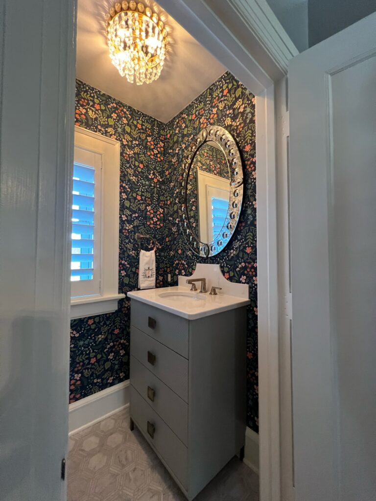 Updated Traditional Bathroom Vanity with Chandelier