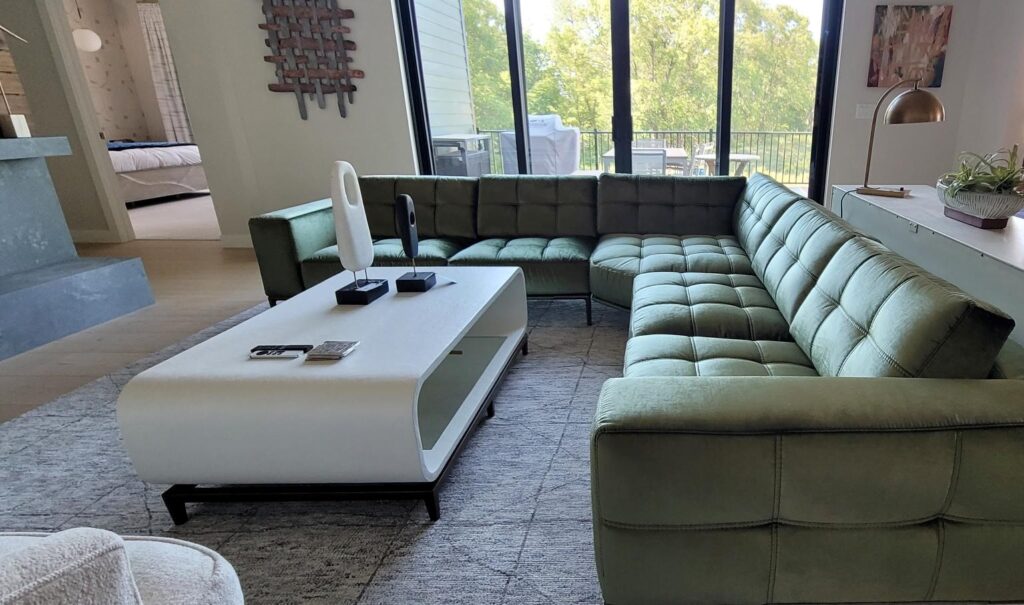 Vibrant Mid-Century Living Space Green Sectional