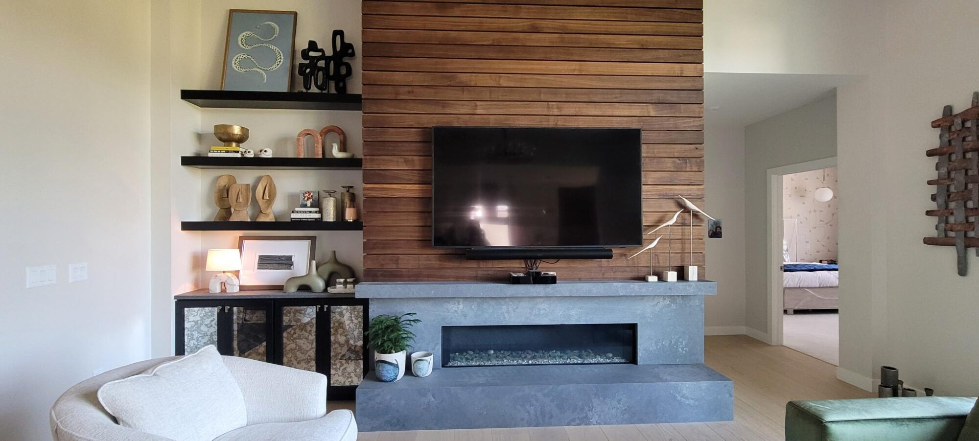 Vibrant Mid-Century Living Space Accent Wall and Fireplace