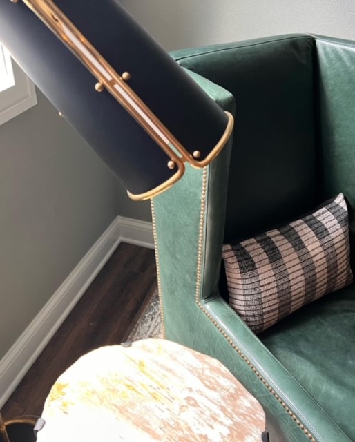 Eclectic Transitional Corner Chair with Lamp and End Table