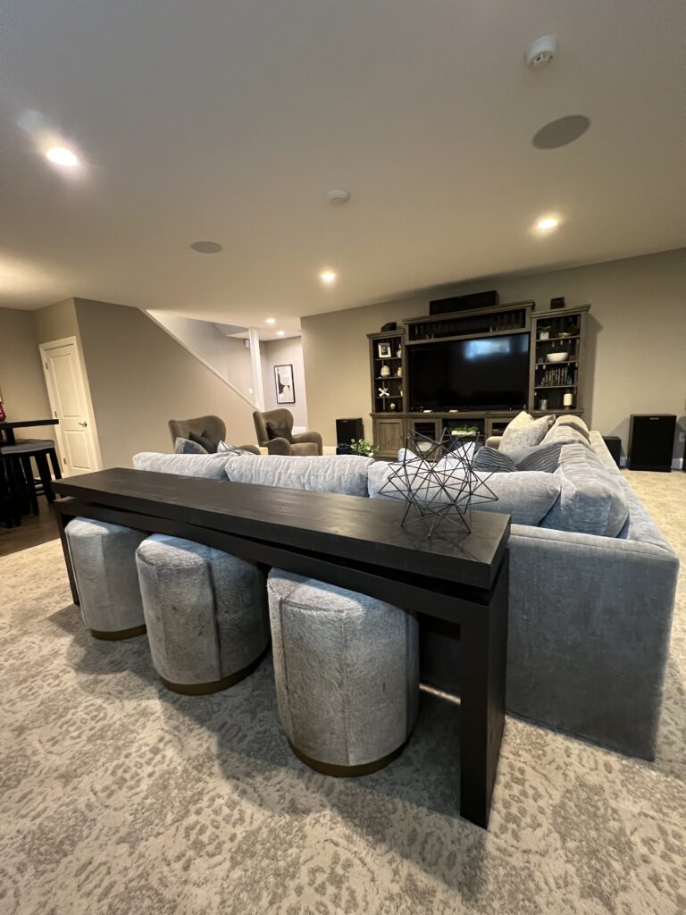 monochromatic family room sofa tables