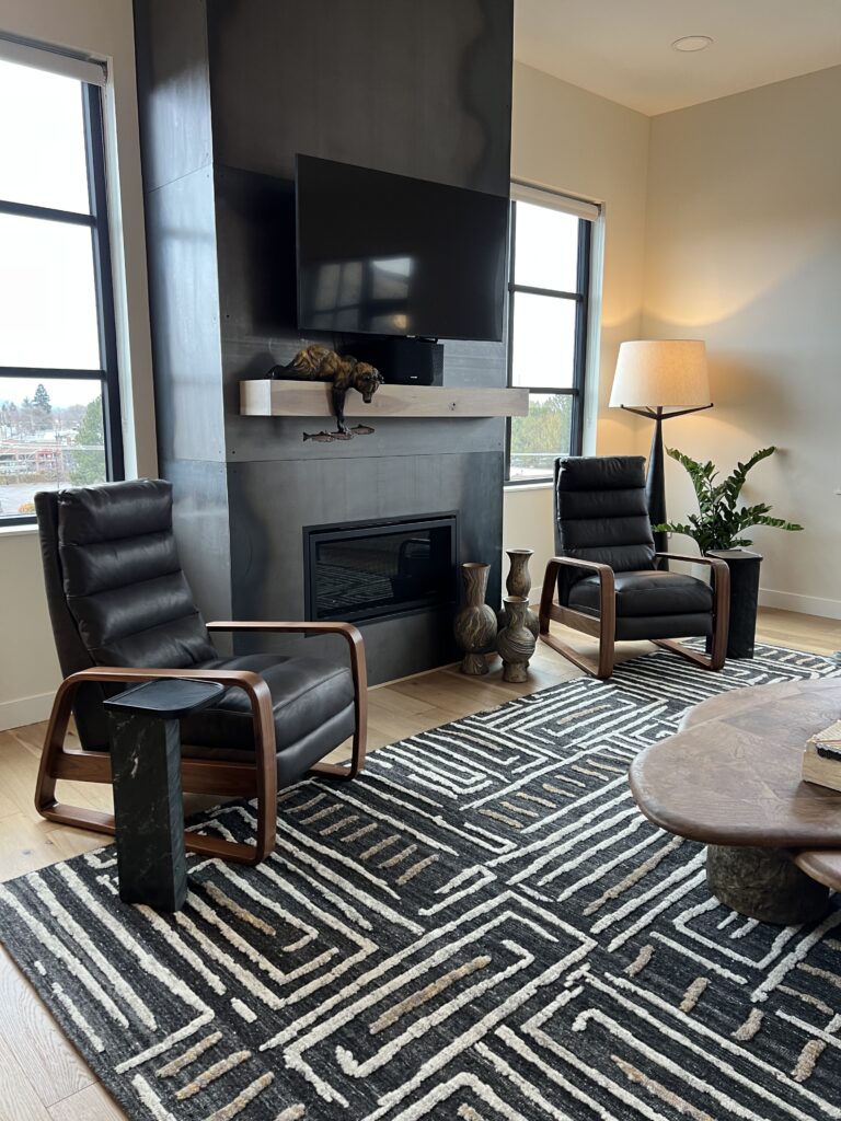 montana loft fireplace and arm chairs